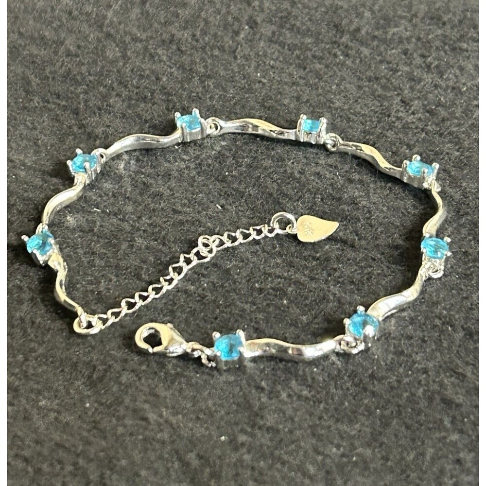 .925 Silver Marked Wave Link Dainty Adjustable Bracelet Aqua Blue CZ's J245